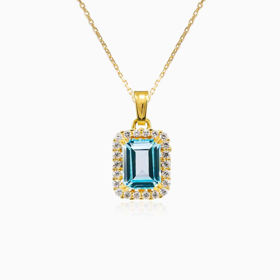 Woman Monte Cristo | Halo Emerald-Cut Blue Topaz Gold Pendant