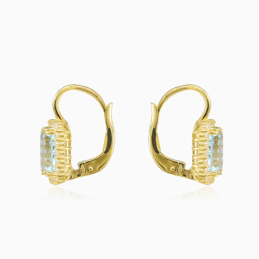 Woman Monte Cristo | Halo Emerald-Cut Blue Topaz Gold Earrings